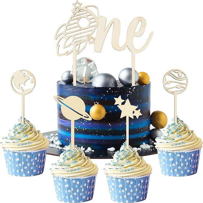 Birthday Cupcake Toppers Decorations - 5 Pcs Outer Space Wood ONE Cake Toppers Kids' 1st Birthday Baby Shower Party Cake Toppers Glitter Star Planet Cake Picks Decorations Featuring Food Safe