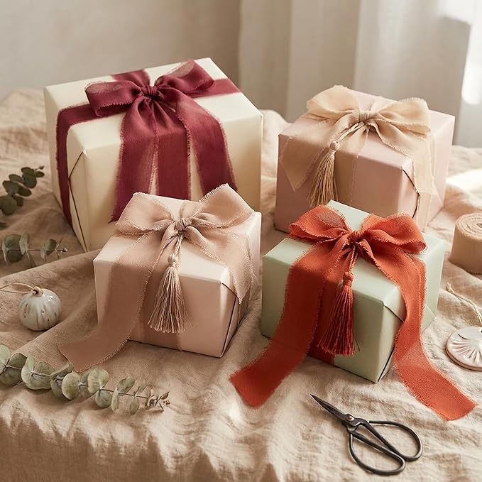 Frayed Edge Chiffon Ribbon 3 Pack, 1.5 Inch Wide Polyester Chiffon Ribbon, 21 Yards Total in Dried Plum, Khaki and Tangerine for Fall Wedding Decor, Bouquet Wrapping and Gift Presentation