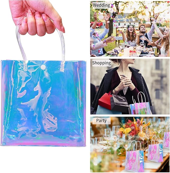 Naisidas 9PCS Holographic Small Gift Bag(7.9"x7.9"x3.1"), Reusable Iridescent Clear Gift Bags with Handles - Ideal As Bridesmaids, Birthday Gift Bags, Christmas Gift Bag, Party Favor Bags