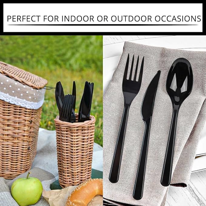 PARTY BARGAINS Onyx Settings Black Plastic Cutlery Set 360‑Piece – 180 Forks, 120 Spoons, 60 Knives – Heavy‑Duty Disposable Utensils for Parties, Weddings, Buffets, BBQs & Catering – BPA Free