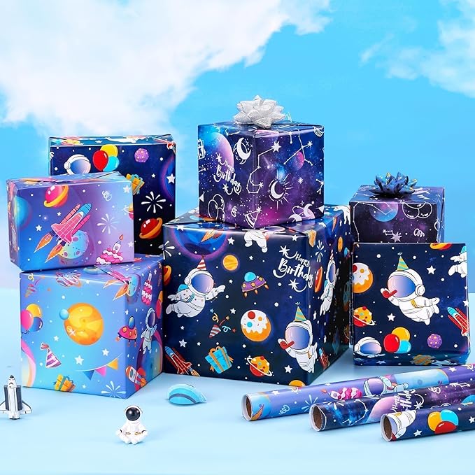 WERNNSAI Space Wrapping Paper Rolls - 3 Short Rolls Blue Galaxy Birthday Wrap Paper for Kids Boy Birthday Party Gift Packing Supply Decoration Favor with Cut Lines 17 in x 10 ft