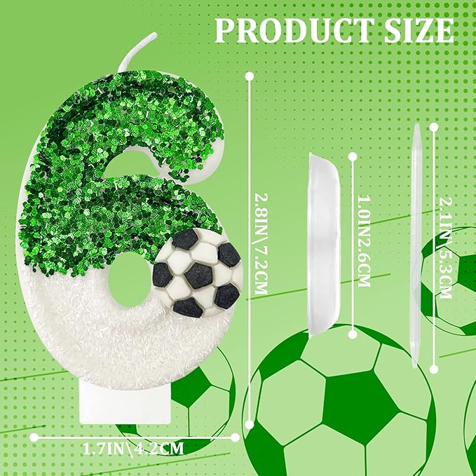 Birthday Candles，Soccer Birthday Decorations，Soccer Cake Topper,for Girl and boy Cake Toppers, Wedding Cakes, Anniversaries, Party Celebrations, Birthday Decorations (Green White, Number 6)