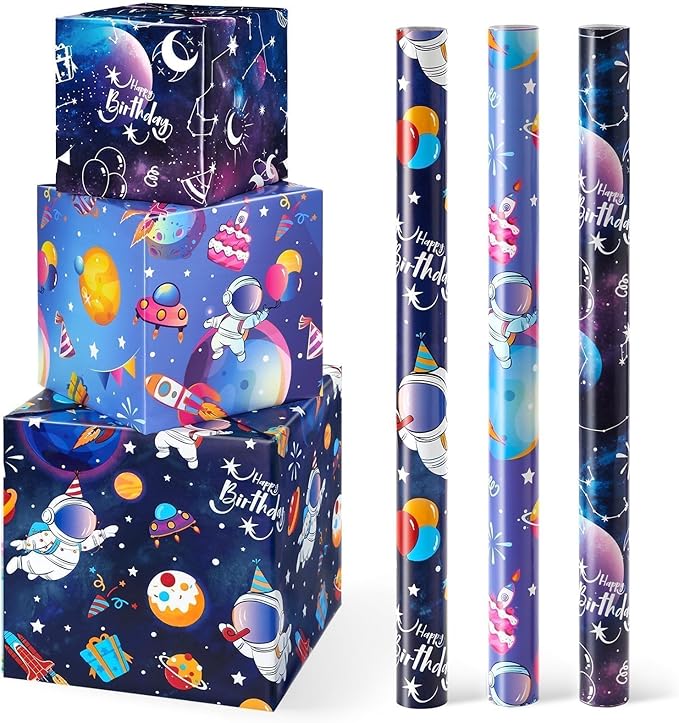 WERNNSAI Space Wrapping Paper Rolls - 3 Short Rolls Blue Galaxy Birthday Wrap Paper for Kids Boy Birthday Party Gift Packing Supply Decoration Favor with Cut Lines 17 in x 10 ft