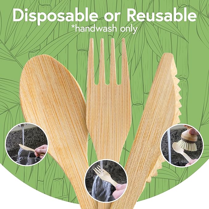 100% Bamboo Cutlery Set - 500 Biodegradable Utensils (300 Forks, 100 Knives, 100 Spoons) - Reusable or Disposable Bamboo Flatware | Compostable FSC Certified Utensils for Weddings & Parties