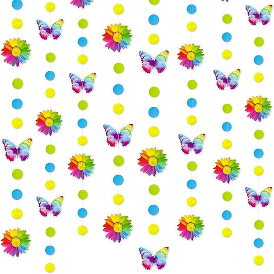 Rainbow Butterflies Sunflower Garland Colorful Blue Yellow Green Circle Dot Hanging Paper Streamer Banner for Spring Summer Birthday Engagement Wedding Bridal Shower Fiesta Party Decorations Supplies