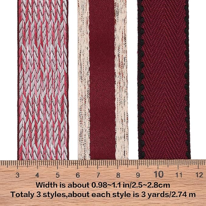 BEEFLYING 3 Styles 9 Yard Dark Red Wire Edged Ribbons Ribbons Wrapping Decoration 25~28mm×2.7m Herringbone Ribbon for Wedding Party Deco Hair Bows Flower Designs Sewing and Craft