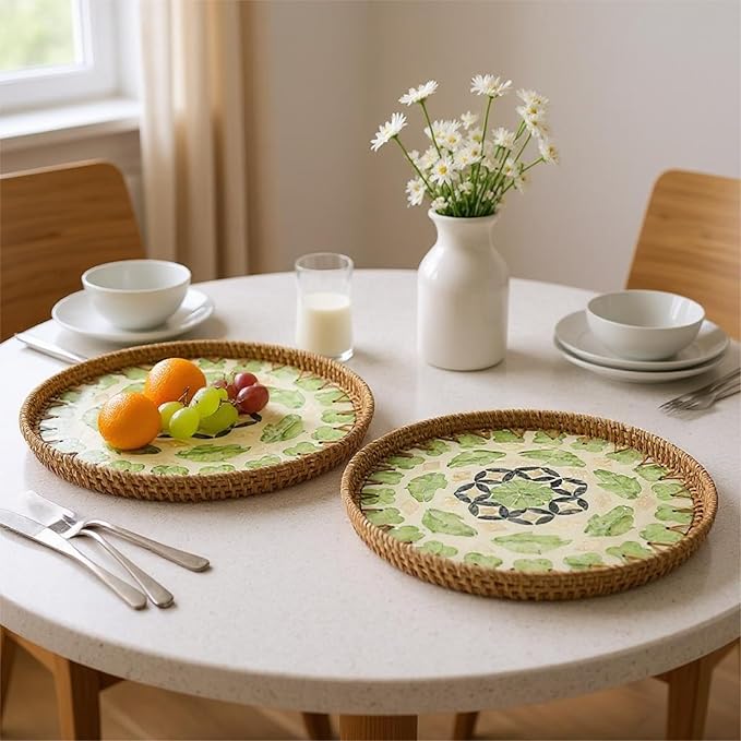 Round Rattan Tray with Mother of Pearl Inlay, Handwoven Wicker Coffee Table Serving Basket Tray for Fruit Snack Party Picnic Cafe Bedroom Kitchen Home Decor Set of 2 (Green Lucky Leaf)
