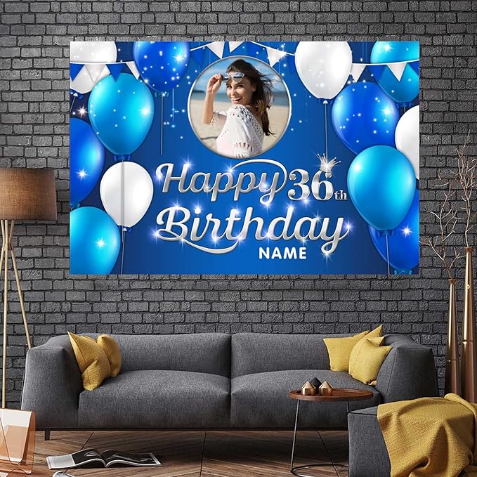 Custom Happy 36th Birthday Decoration Banner - Personalized Navy Blue Birthday Party Banner in Large Sizes-Custom Photos and Names