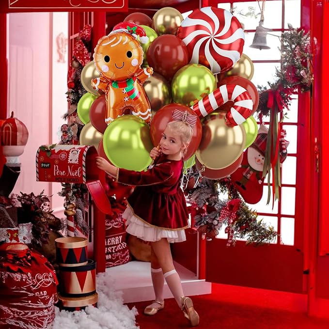 Red and Green Christmas Balloon, 12'' Retro Maroon Ruby Red Metallic Gold Pastel Green Xmas Latex Balloons with Candy Cane Gingerbread Man Foil Balloon for Merry Christmas Party New Year Decorations