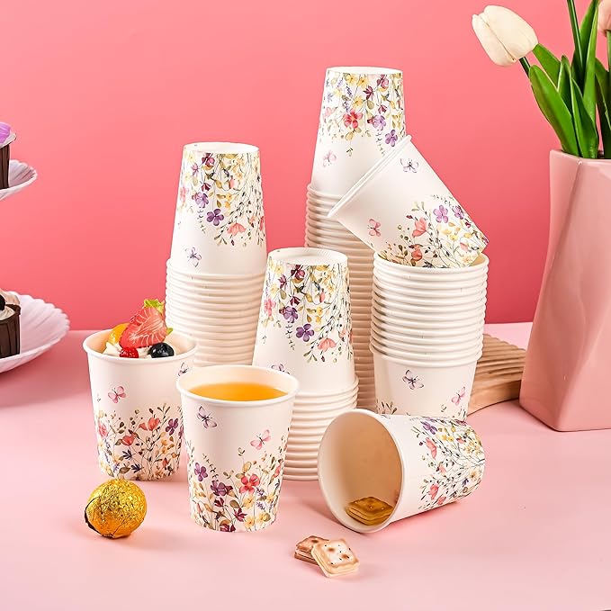 AllReal 100Pcs Wildflower Paper Cups Watercolor Pink Violet Wild Flowers Party Cups 9oz Summer Floral Butterflies Disposable Coffee Cup for Birthday Bridal Baby Shower Party Supplies