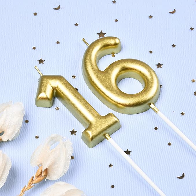 2.76 Inch Classical Gold 16 Number Birthday Candles, Gold Number Candles, Cake Number Candles, Party Celebration