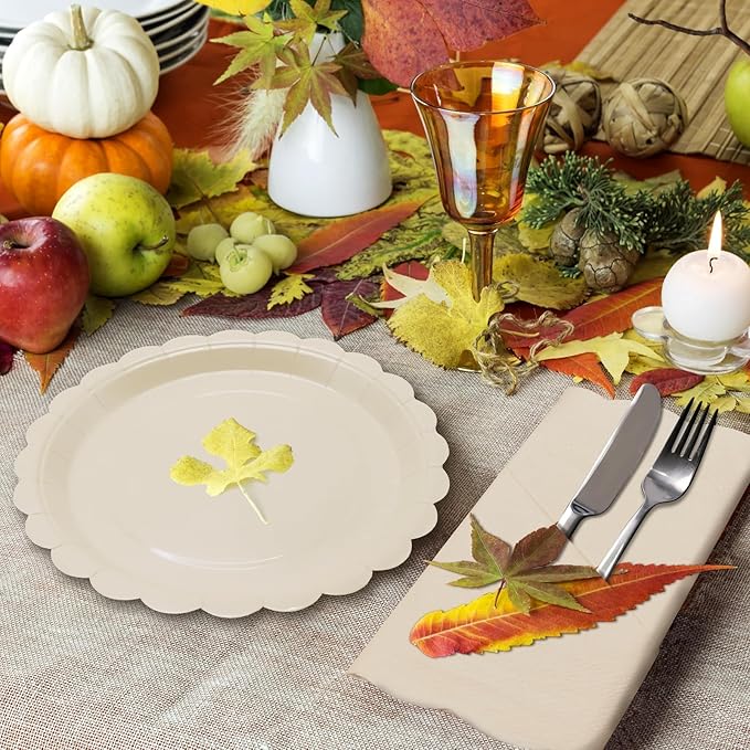 100Pcs Ivory Paper Plates Tableware Set Include Scalloped Cream Plates Napkin Serves 50,Beige Party Platter for Baby Shower Wedding Birthday