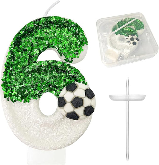 Birthday Candles，Soccer Birthday Decorations，Soccer Cake Topper,for Girl and boy Cake Toppers, Wedding Cakes, Anniversaries, Party Celebrations, Birthday Decorations (Green White, Number 6)