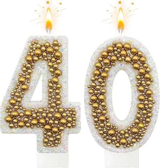 40 Birthday Number Candle for Cake, Glitter Number Candle with Gold Beads, Decorative Cake Topper for Milestone Celebrations