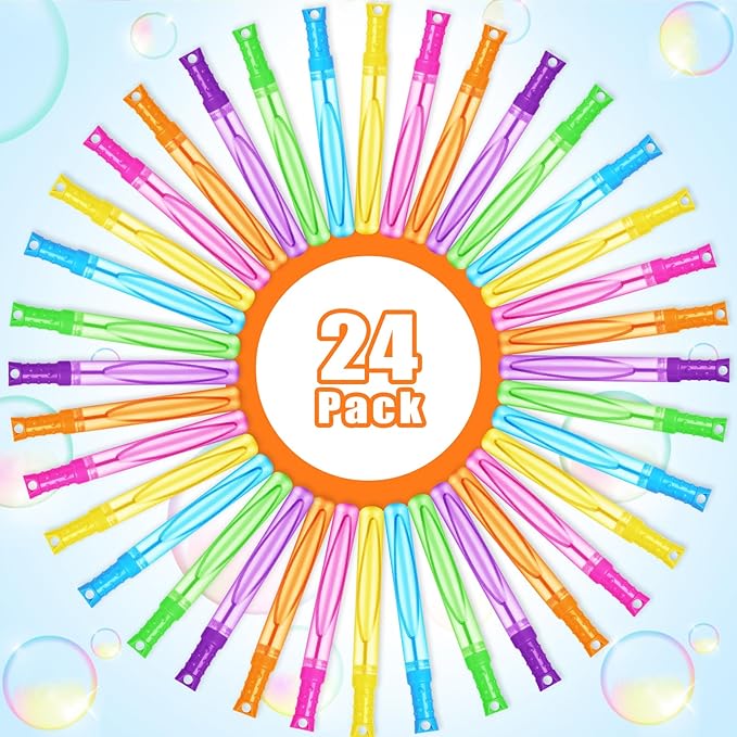 Bubble Wand, 24 Pcs Bubble Wands Bulk in 6 Colors, Bubble Party Favors for Kids, Summer Toys, Indoor Outdoor Activity, Themed Birthday, Wedding, for Girls & Boys