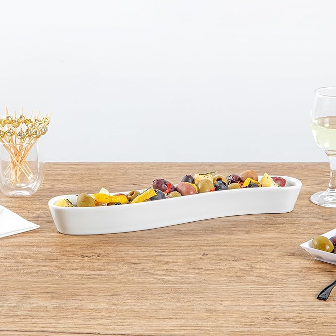 Restaurantware Swerve 10 Ounce Olive Plate 1 Curved Olive Tray - Medium Chip Resistant White Porcelain Olive Canoe Dishwasher Safe For Snacks Condiments Or Appetizers