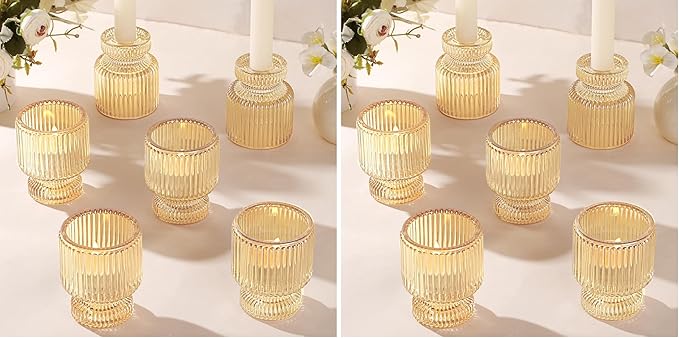 DARJEN 6 Pcs Gold Candlestick Holders - Glass Taper Candle Holders Tealight Votive Candle Holders for Table Centerpieces, Wedding, Dinner Party, Home, Gifts (Pack of 2)