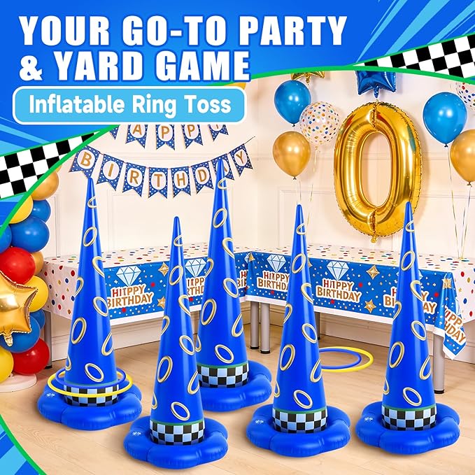 5 Pack Inflatable Ring Toss Game - Blue with Gold Ring Birthday Party Games with 10 Plastic Rings & Pump, Indoor Outdoor Carnival Toss Toy for Kids Party Favors