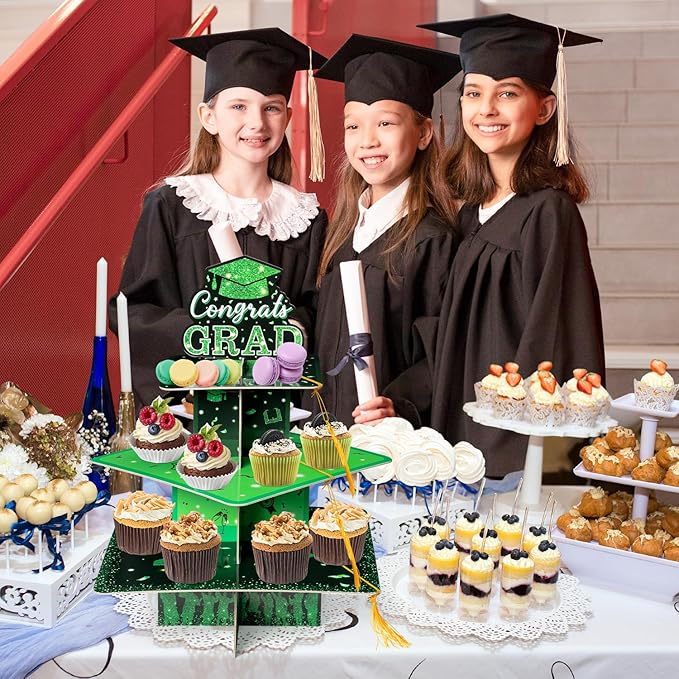 Haooryx Graduation Cupcake Stand Decoration - 3-Tier Black Green Graduate Cap Cupcake Tower with Tassel Cardboard Dessert Holder Kindergarten Primary High School College Graduation Party Table Decor