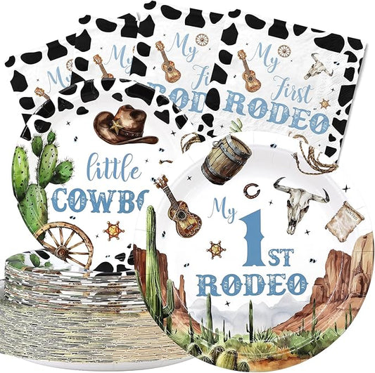 Little Cowboy Birthday Party Supplies for 40 Guests – My First Rodeo Western Plates and Napkins– Cowboy Themed Disposable Tableware Set for Boys 1st Birthday