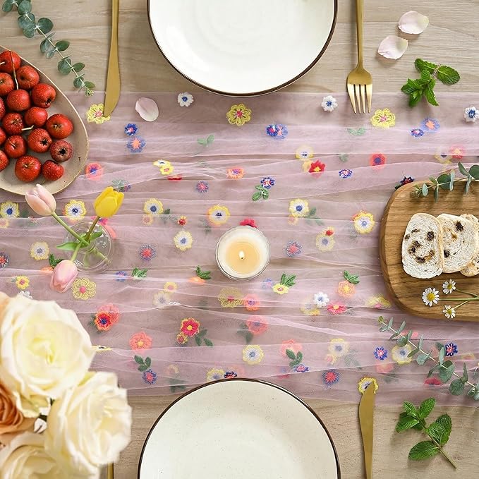 Artoid Mode 3PCS Pink Embroidery Daisy Gauze Table Runner 120 Inch 10FT, Seasonal Sheer Kitchen Dining Holiday Wedding Birthday Table Decor for Home Party