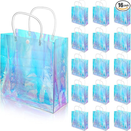 Sherr 16 Pcs Holographic Small Gift Bag Reusable Iridescent Clear Bags for Women PVC Plastic Goodie Holder with Handles for Shopping Christmas Holiday Gift Party Favor(7.87" x 7.87" x 3.15",Rainbow)