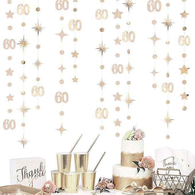 Champagne Gold 60th Birthday Decorations Number 60 Circle Dot Star Garland Metallic Streamer Banner for Women Mens Cheers to 60 Years Old Birthday Happy 60th Anniversary Vintage 1965 Party Supplies
