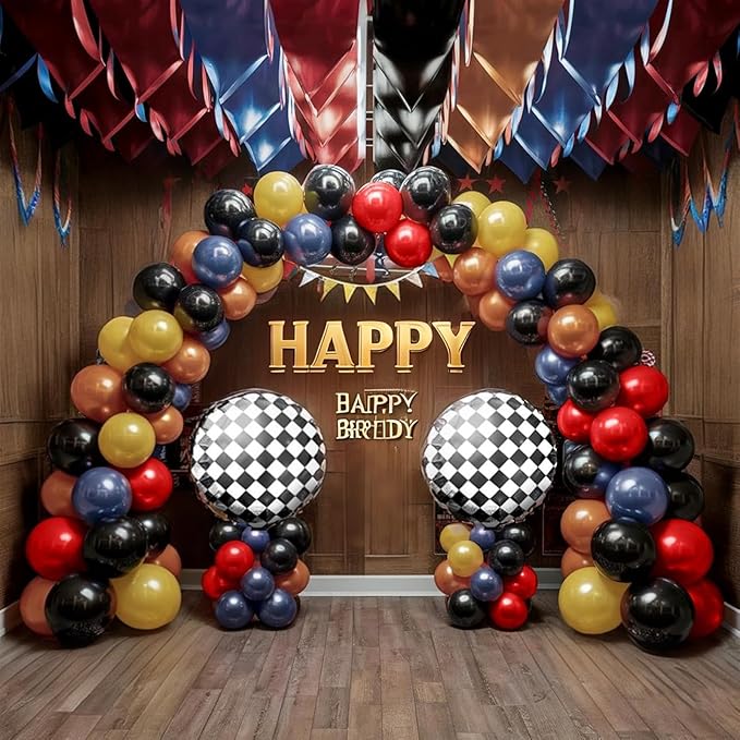Racing Theme Balloons Arch Garland Kit, Blue Red Black Checkered Pattern Flag Foil Balloon, Racing Themed Decorations for Boys Birthday Party Baby Shower