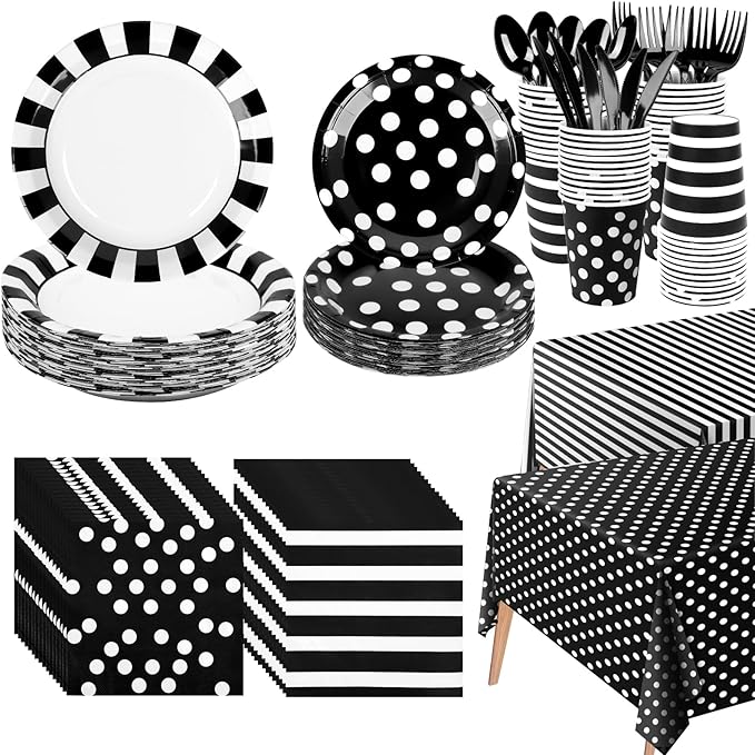 170Pieces Black and White Party Supplies Disposable Paper Plates Napkins Cups Knives Spoons Forks Plastic Tablecloths For Wedding Baby Bridal Shower New Years Decor Serve 24