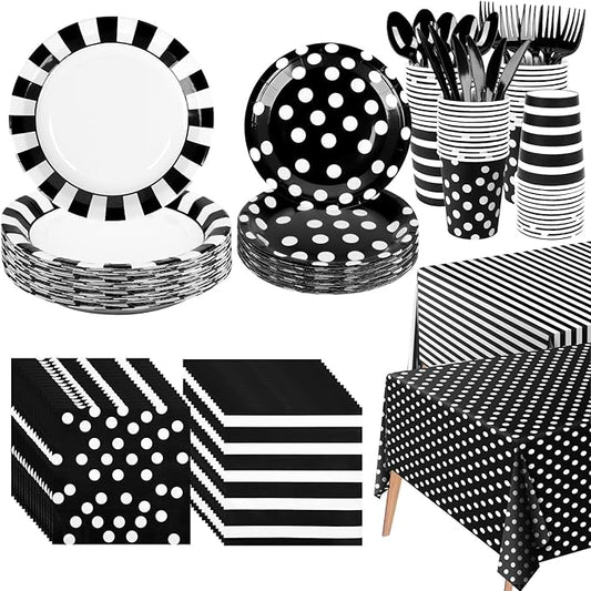 170Pieces Black and White Party Supplies Disposable Paper Plates Napkins Cups Knives Spoons Forks Plastic Tablecloths For Wedding Baby Bridal Shower New Years Decor Serve 24