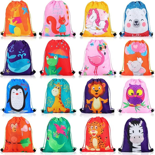 GliCraft 16 Pcs Animal Drawstring Gift Bags for Kids Cartoon Animal String Backpack Party Favor Bags for Halloween Birthday Holiday Baby Shower Supplies