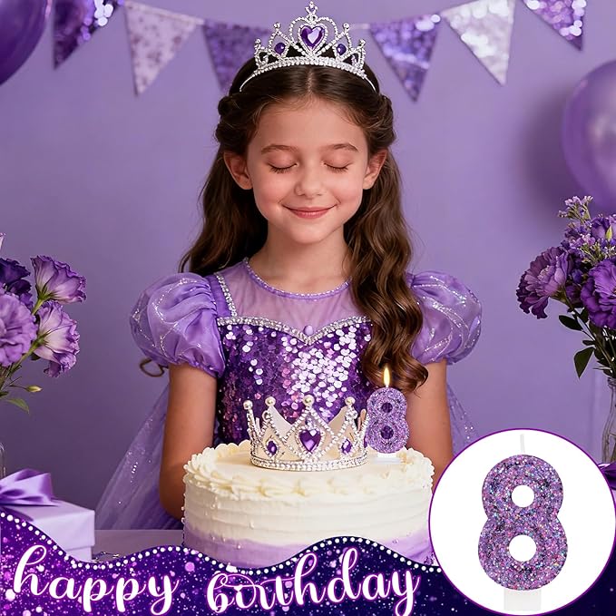 Deep Purple Glitter Birthday Candles for Girls - Number 8 Candle Cake Topper for Kpop Themed Birthday Party Decorations