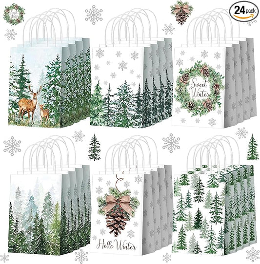 Kolldenn 24 Pcs Christmas Party Favors Bags Christmas Gift Goodie Paper Bags with Handles Reindeer Green Xmas Tree Pine Cones Candy Treat Pouch for Xmas Party Decorations Supplies