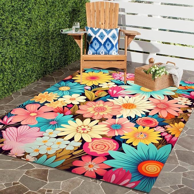 Large Floral Outdoor Rug for Patio Balcony Deck Camping Poolside Garden Machine Washable Waterproof Porch Backyard Outside Carpet 2x6 Blue Yellow Pink Flower Mat Easy Clean