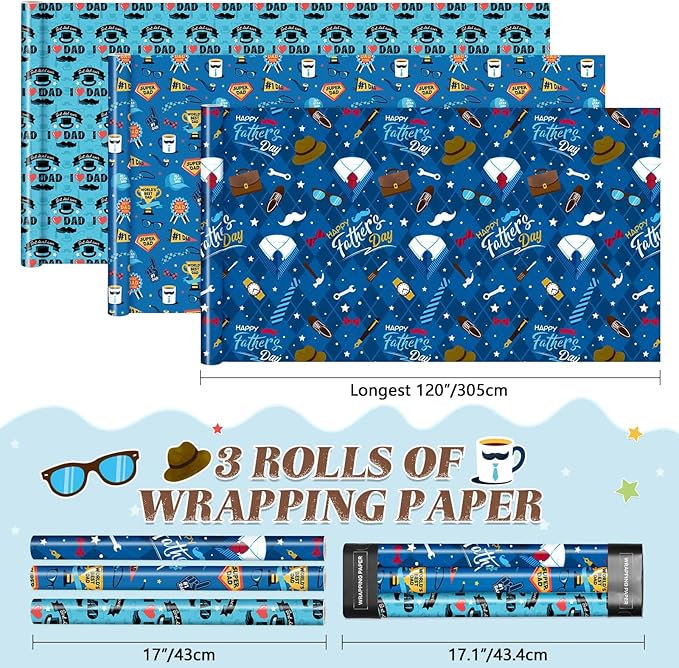 WERNNSAI Father’s Day Wrapping Paper Rolls - 3 Rolls 17” x 10FT Blue Gift Wrap Set with Mustache I Love Dad Designs for Dad Husband Grandpa Birthday Father’s Day Gifts