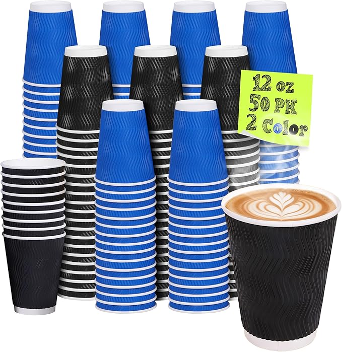 MOUMOULIFE 12 oz Disposable Paper Coffee Cups, 50 Pack 2-Color Assortment (Black & Blue), Leak-Proof Insulated Ripple Wall To-Go Cups for Hot/Cold Drinks, Home Office Cafe Party