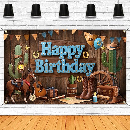 Mocsicka Western Cowboy Birthday Backdrop Wild West Happy Brithday Party Decorations Banner for Boys Western Themed Party Photography Bakground Supplies (Brown, 70.8x43.3 inch)