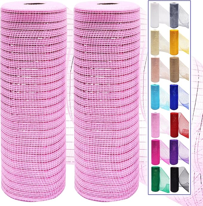 2 Pcs Pink Deco Mesh Ribbon Rolls 10 Inch 10 Yards(30 ft) Decorative Mesh Fabric with Foil for Wreaths Christmas Tree Ribbon Door DIY Craft Halloween Decor Wedding Party Supplies (Pink, 2Pcs)
