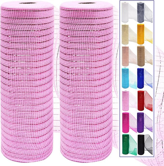 2 Pcs Pink Deco Mesh Ribbon Rolls 10 Inch 10 Yards(30 ft) Decorative Mesh Fabric with Foil for Wreaths Christmas Tree Ribbon Door DIY Craft Halloween Decor Wedding Party Supplies (Pink, 2Pcs)