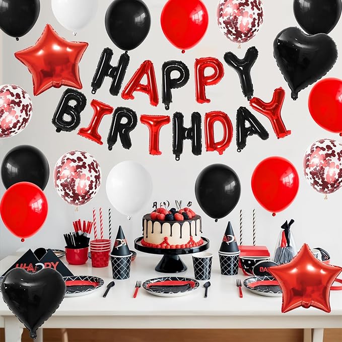 Red and Black Birthday Decorations for Boys,Black Red Star Heart Foil Balloons Black Red Happy Birthday Banner Happy Birthday Decorations for Men Women