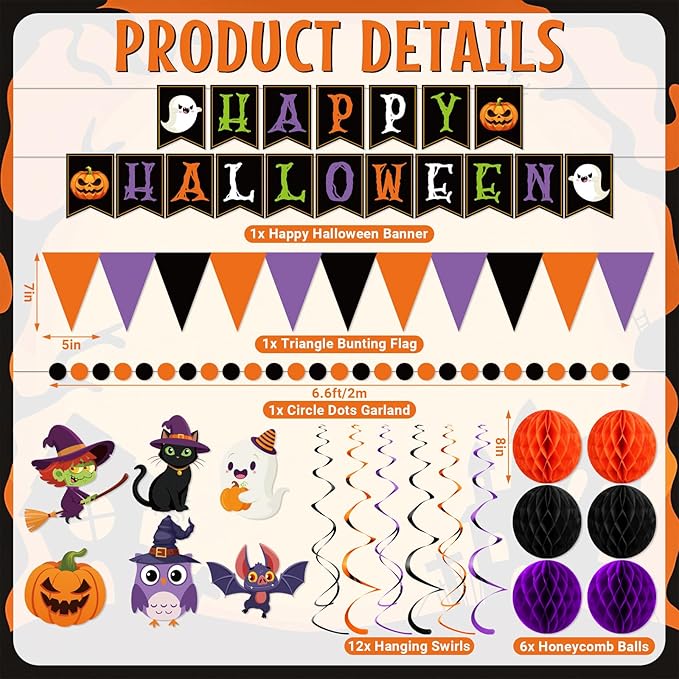 Clabby Halloween Party Decorations Kit Happy Halloween Banner Hanging Swirls Cutouts Triangle Flag Bunting Circle Confetti Dots Garland Black Orange Purple 3D Honeycomb Ball for Birthday Baby Shower