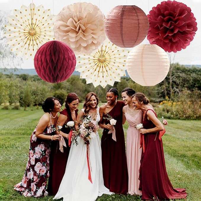 Brown Burgundy Champagne Boho Party-Decorations - 14pcs Rustic Wedding Paper Lanterns Fan,Tissue Pom Poms Streamers,Honeycomb,Fall Autumn Birthday Baby Bridal Shower Engagement Decor Lasting Surprise