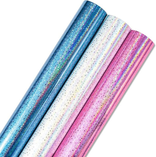 Burymento Mini Wrapping Paper Roll, Metallic Holographic Star Gift Wrap for Birthday, Valentines, Mothers day, Graduation, Wedding, Fathers day, Baby Shower, Christmas (17 Inch x 120 Inch - 3 Rolls)