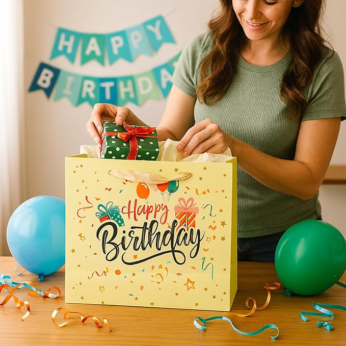 Febbleshow Yellow Birthday Gift Bags with Tissue Paper for Boys Girls Kids Baby Shower - Matte Finish with Colorful Balloon Gift Bag - 13"x10.3"x4.7" (Pack of 2)