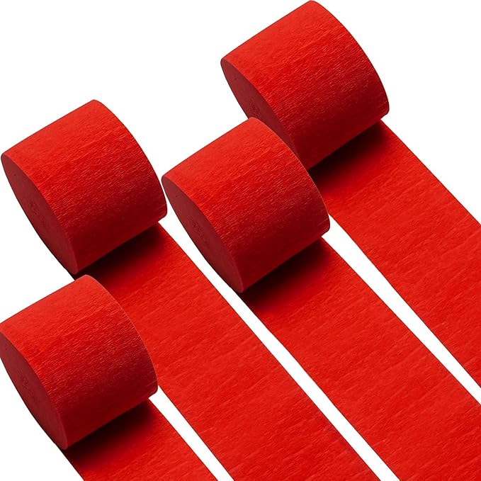 Captain Décor 4 Red Streamers, 382 FT Pack of 4 Red Crepe Paper Rolls, Streamers Party Decorations for Anniversary, Birthday, Wedding, and Other Celebrations (82 ft x 1.8 in/Roll)