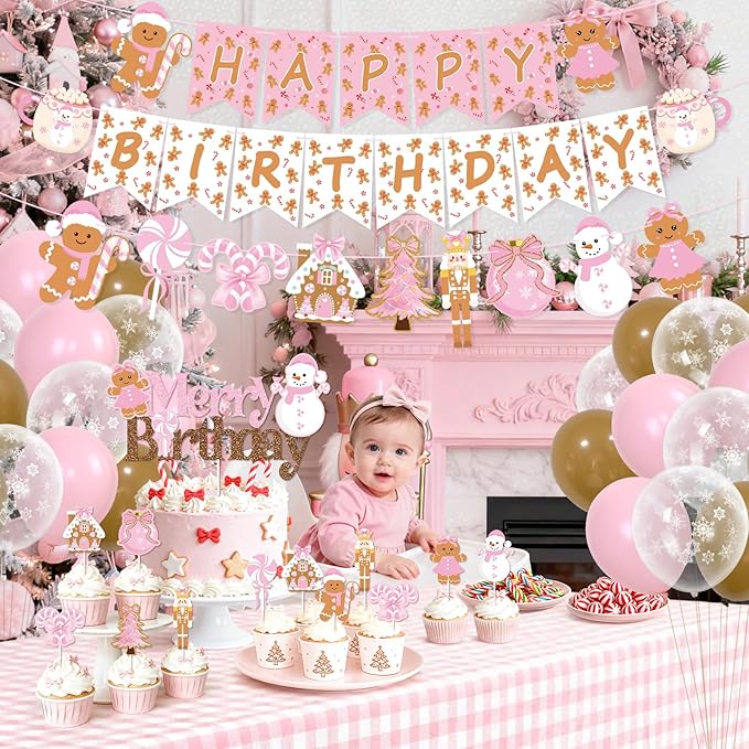 K KUMEED Pink Gingerbread Man Theme Party Decorations,Christmas Happy Birthday Banner Hot Cocoa Mug Candy Cake Topper Latex Balloons for Baby Shower Birthday Party Supplies