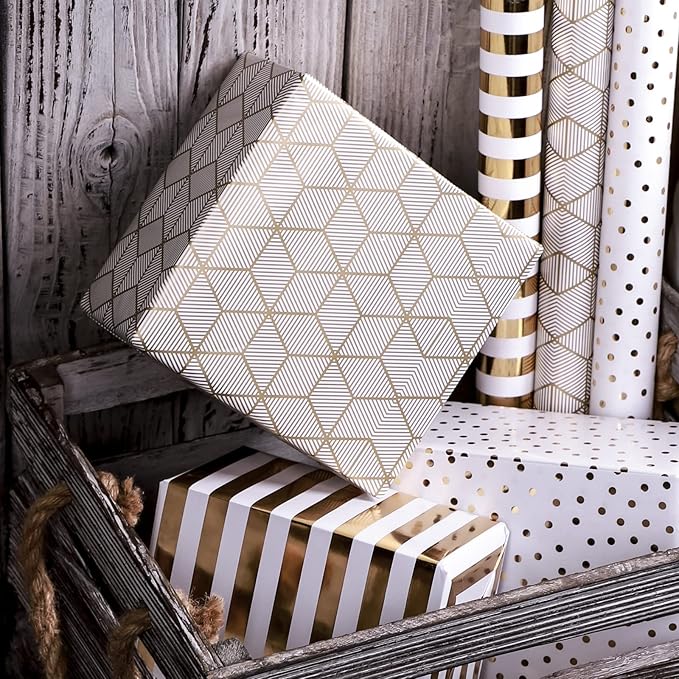 MAYPLUSS Birthday Wrapping Paper Roll - Mini Roll - 17 inch x 120 inch Per roll - White & Gold Foil Design (42.3 sq.ft.ttl)