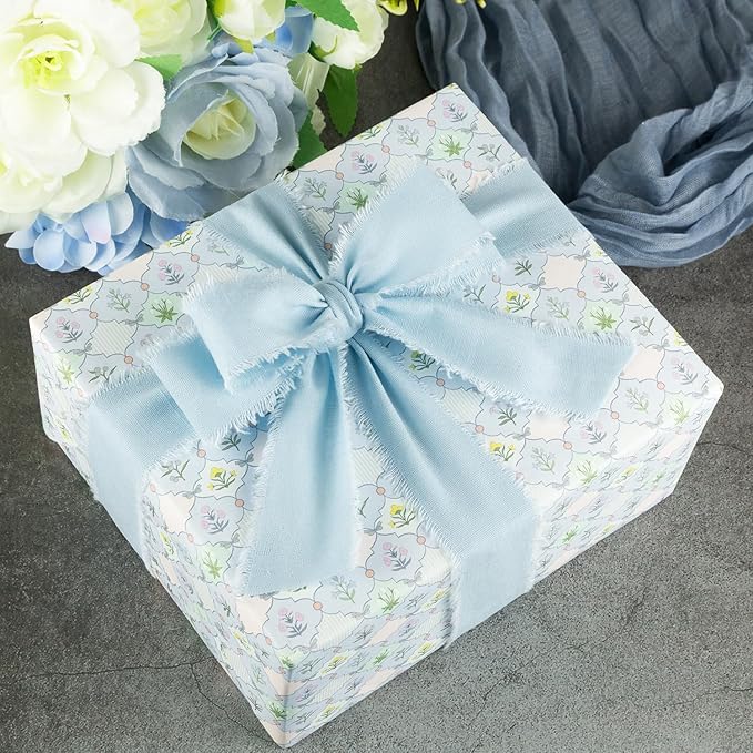 Dark Blue Cotton Ribbon 1-1/2 Inch Navy Blue, Dusty Blue & Baby Blue 3 Rolls 21 Yards Frayed Edge Fabric Set for Formal Wedding Decor, Graduation Party, Father's Day, Gift Wrapping & DIY Crafts