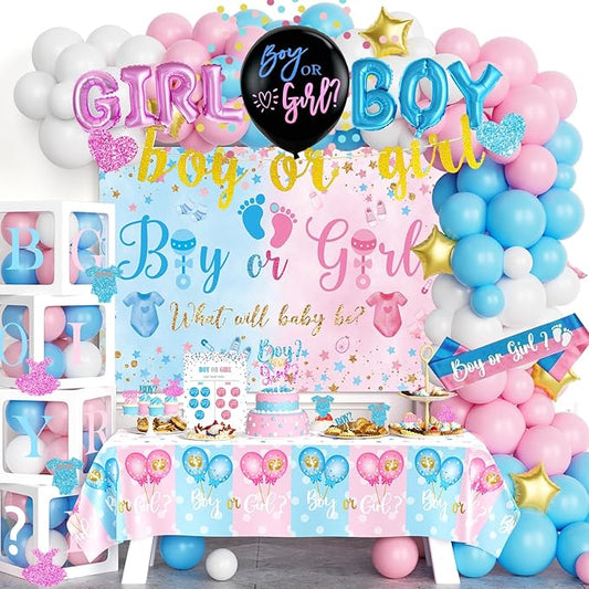 170 PCs Baby Boxes Gender Reveal Decorations, Hombae Boy or Girl Gender Reveal Decorations What Will Baby Be Backdrop Balloon Garland Banner Tablecloth Cake Cupcake Topper Cutout Poster Sash Pink Blue