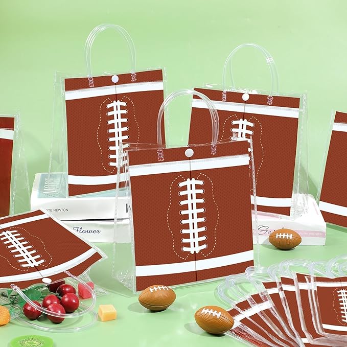 Lonfliness 24Pcs Football Clear PVC Gift Bags With Handles Football Party Favors Goodie Treat Bags Sport Theme Candy Bags Present Wrap Tote Bags for Boys Birthday Baby Shower Decorations 8 x 8 x 3in